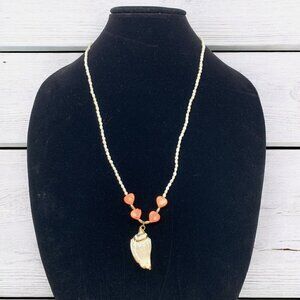 Vintage Seed Pearl Necklace & Shell Pendant Gold & Quartz Beads White Pink Gold
